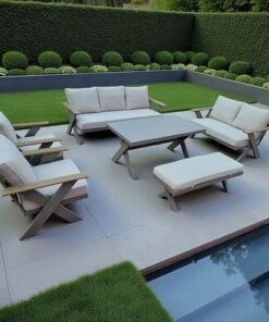 Alternative view of 9-Seater Cross Legs Light Grey Aluminium Garden Sofa with Big Table Wooden Color Arm Rests