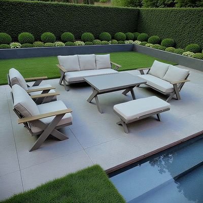 9-Seater Cross Legs Light Grey Aluminium Garden Sofa with Big Table Wooden Color Arm Rests - Image 2