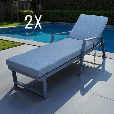 Premium Grey Aluminium Outdoor Sun Lounger with Adjustable Backrest – Grey Cushions , 2x SunBeds - Image 3