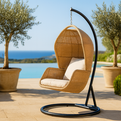Escyz Wicker Relaxation Patio Hanging Egg Swing with Stand and Cushion for Garden, Balcony, and Bedroom - Image 2