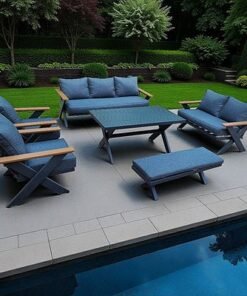 Alternative view of 9-Seater Cross Legs Dark Grey Aluminium Garden Sofa with Big Table Wooden Color Arm Rests