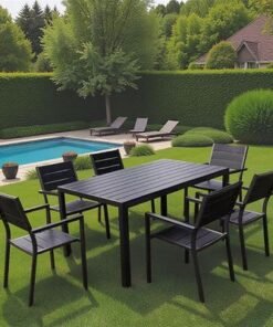 Alternative view of Modern 6 Seater Outdoor Dining Set – Metal Frame with Fibre-Wood Tabletop & Seats