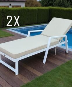 Premium White Aluminium Outdoor Sun Lounger with Adjustable Backrest – Beige Cushions , 2x Sunbeds - Image 3