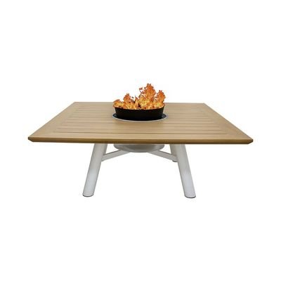Small Square Fire Pit Table Color Natural Teak & Off White - Image 2