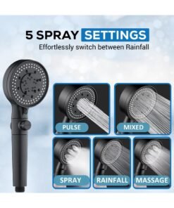 DANEEN 5-Function Adjustable High-Pressure Shower Head - Chlorine Removal, Ionic Handheld & Spa-Like Experience Luxury- Includes Teflon Tape & 1.5m Hose (BLACK)