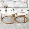 Dining Coffee Table Sets, 2 End Tables with Metal Frame and Legs, Round Sofa Tea Table Faux Marble Nesting Modern Side Desk Center Table for Home Office Living Room (White, CJ022)