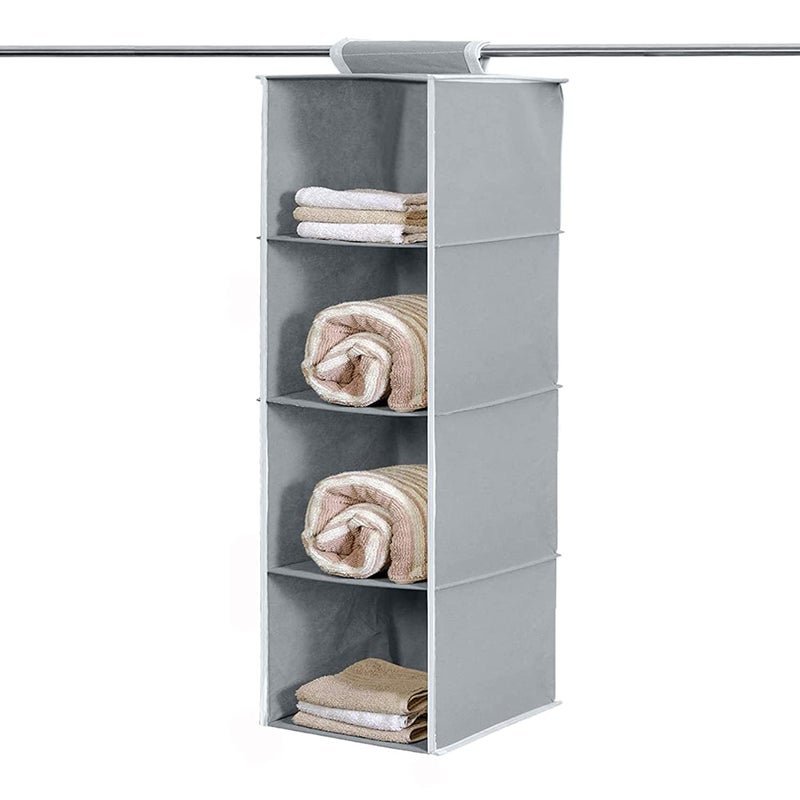 Kuber Industries 4 shelf Closet Organizer For Wardrobe|Non-woven Collapsible Wardrobe|Hanging Shelf For clothes|4 shelves Cloth Organizer (Grey)|Fabric