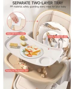AL-WAHA AL-ZHABIA Baby High Chair | 5-Level Adjustable Foldable High Chair with Wheels & Double Trays | 4-Position Reclining Seat & 3-Stage Footrest | Safe Feeding Chair for Infants 6M-3 Years - Image 4