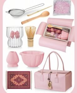 Squarecircle 8-piece Japanese Matcha Set, Ceramic Matcha Bowl+Whisk Holder+Bamboo Whisk+Spoon,for Traditional Tea Ceremony-Coarse Ceramic Perfect Handmade Matcha Kit to Prepare Traditional Matcha Tea, 100% Natural Matcha Gift Kit (pink)