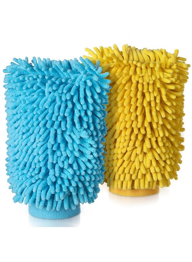 Microfiber Car Wash Mitt, Pack of 2, Microfibre Noodle Car Cleaning Mitts, Streak-Free Scratch-Free Super Absorbent Soft, For Lifting Stubborn Dirt (Blue & Yellow)