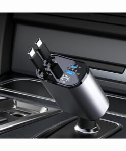 OULIYO Car Charger - Fast Charging 4-in-1 Adapter with Collapsible Lightning & Type C Cables, Dual USB Ports & Voltage Display - Compatible with iPhone, iPad, Galaxy - 120W Power Output