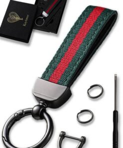 KeyAmor Elegant metal and fabric keychain car key holder for adults. Stylish keychain with gunmetal-coloured rings, perfect for men, featuring 3 key rings for added functionality. Made with elegant and refined green and red fabric, it offers 360-degree rotation for convenience and comes beautifully packaged in a fancy gift box, making it an excellent accessory or gift choice.