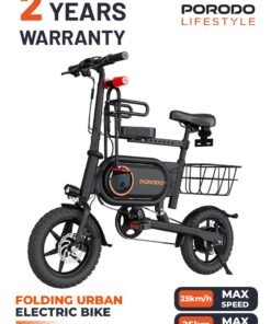 porodo Urban Electric Bike with Pedal Assist System and Safety Helmet / Foldable Design / Child Seat / Rear Basket / 120kg Loading / 25km Distance / 25km/h Speed / 350W Motor / 14 inch Tiers - Black