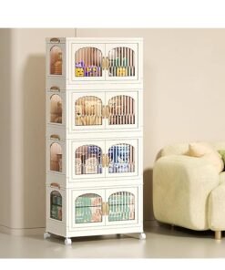4 Layer Stackable Closet Wardrobe, Multifunctional Storage Cabinet Clothes Organizer with Door and Wheels, Foldable Plastic Storage Bins Baby Clothes Cabinet Storage Box for Home Office Kitchen and Bedroom (4 Layer, 4B)