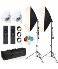 Pikengenus Softbox Photography Lighting Kit, 2x50cmx70cm Professional Photography Continuous Lighting System with 2pcs 150W 3200K-6500K E27 Socket LED Bulbs and Remote for Portrait Product Fashion