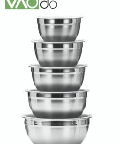 VAOdo 5 Pieces Mixing Round Bowl Stainless Steel Mixing Bowl Set With Lid Salad Dough Baking Bowl Silver 18 20 22 24 26 Cm Set Bowl