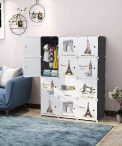 BucketList 12-Door Plastic Sheet Kids Wardrobe Storage Rack - Organizer for Clothes, Kids Furniture, Living Room, Bedroom, Small Accessories (12-Cube Tower Balck White)