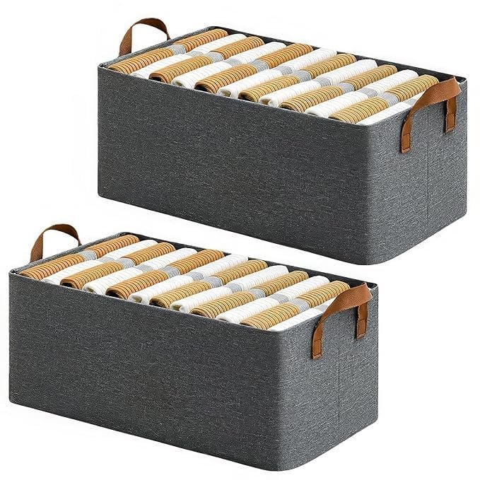 DecoraZone 2 Pcs Wardrobe Organizer for Cloth, Space-Saving Closet Organisers with Handles Shelf, Foldable Organiser with Rectangle Metal Frame for Storage Clothes, Pants, Jeans, Sweaters, (Grey)
