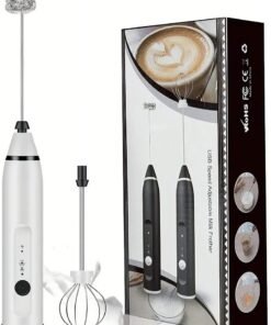 Rechargeable Electric Milk Frother USB-C Handheld Foam Maker, 10W High Power, 304 Stainless Steel Whisk, 3-Speed Adjustable, Stainless Steel Whisks for Coffee, Lattes, Cappuccinos – White