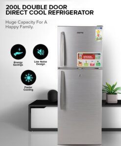 GEEPAS 200L Gross/138L Net Capacity, Direct Cool Double Door Defrost Refrigerator With Grip Handle| Silver Finish, Glass Shelves, Transparent Door Basket, Adjustable Front Wheel, Lock & Key, Low Noise, Quick Cooling, Low Voltage,Freezer- 40L capacity GRF2209SXE Silver