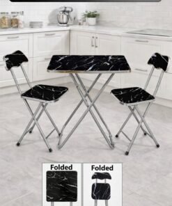 DBLEW Foldable Marble Design Top Square Table with 2 Folding Chairs, Metal Frame – For Dining, Balcony, Office & Outdoor Use