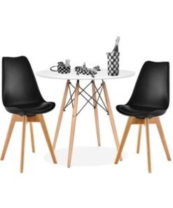 AL WADI FURNITURE AWF AL WADI FURNITURE Mid Century 3-Piece Checkered Style Dining Set, 2 Tulip Cushioned Chairs Black and Beech with Round Dining Table Wooden Legs White and Beech