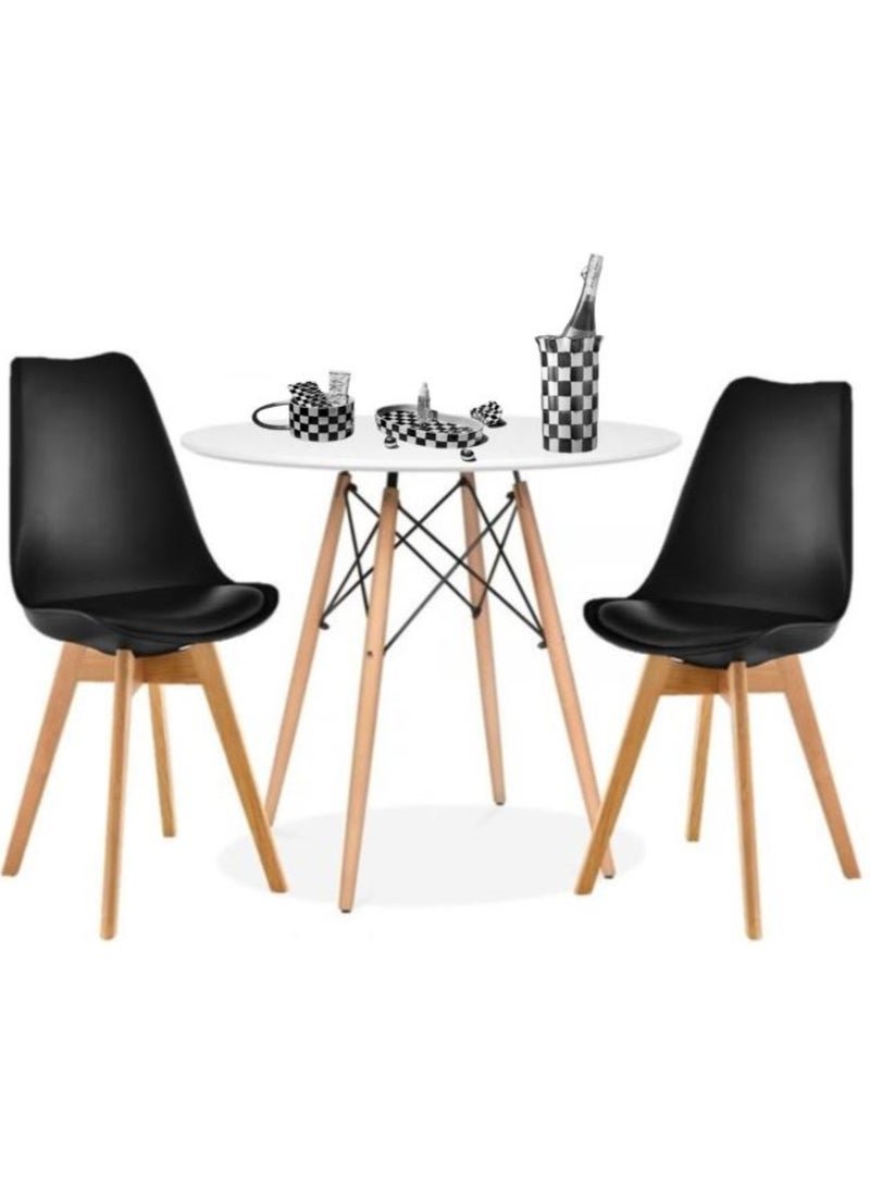 AL WADI FURNITURE AWF AL WADI FURNITURE Mid Century 3-Piece Checkered Style Dining Set, 2 Tulip Cushioned Chairs Black and Beech with Round Dining Table Wooden Legs White and Beech