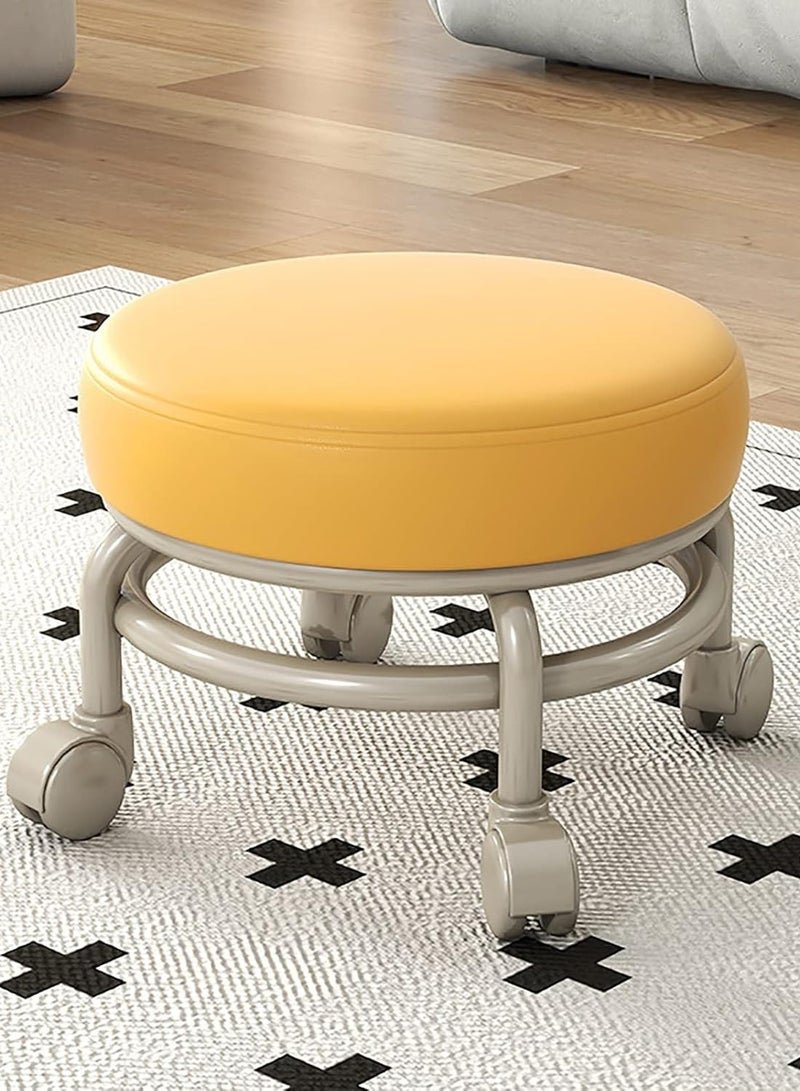 DubaiGallery Flexible Small Bar Stool with Wheels, Faux Leather Upholstery, No Wood, Multi-Use For Home Storage In Entryway, Doorway, Bathroom, Bedroom - Dual Load Capacity, 360-Degree Swivel Casters