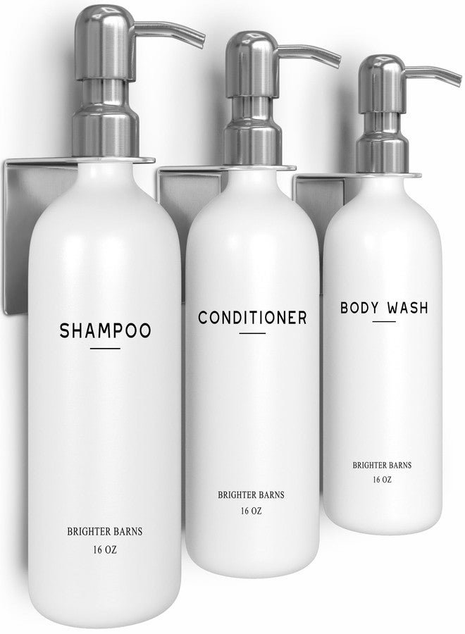 Brighter Barns Luxury Shampoo and Conditioner Dispenser Set Wall Mounted by Brighter Barns - Refillable Shampoo Dispenser for Shower Wall - Shower Bottles 3 Chamber No Drill for Guest Bathroom, Airbnb, Hotel (White)