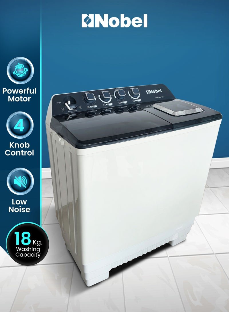 Nobel 18kg Wash / 8kg Spin Capacity Semi-Automatic Twin Tub Washing Machine | With IPX4 Rating, Energy-Efficient 830W Power, Durable Design & Timed Wash Cycles – NWM1900 White 18 L 830 W NWM1900 White