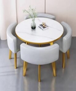 fashionhome Modern Compact Design Dinning Table Chair Set Round Ergonomic Chairs and Table for Kitchen Home Office Conference Room 80x75 and 59x73 cm set of 5
