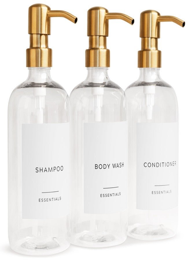 KIBAGA Stylish Shampoo and Conditioner Dispenser Set of 3 - Modern 21oz Shower Soap Bottles with Pump and Labels - Easy to Refill Body Wash Dispensers for an Instant Bathroom Decor Upgrade Clear