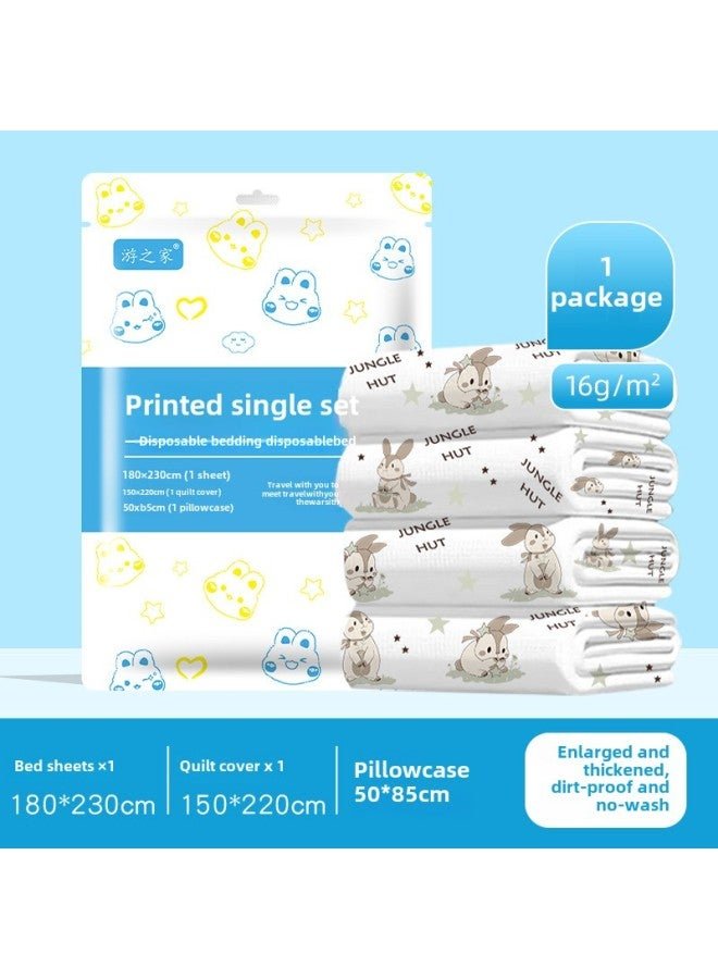 Disposable Bed Sheet Travel Four-piece Portable Hotel Supplies Disposable Bath Towel Dirty Bed Sheet Quilt Cover Suit-Color:Printed Double Four-piece Set