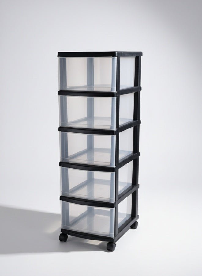 Marcolo 5-Layer Black Plastic Storage Drawers Cabinet with Wheels – Multi-Purpose Organizer with 5 Spacious Pull-Out Drawers – Durable Storage Unit for Clothes, Toys, Office & Home
