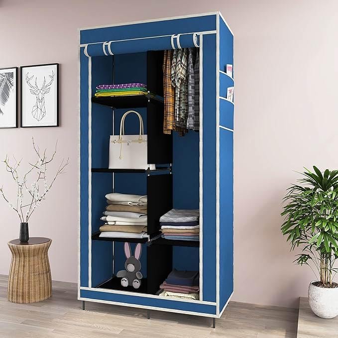 GTC ® 4+2 Layer Collapsible Wardrobe for Clothes with Side Pocket 7700-1 (76CM x 38CM x 145CM, Blue) Storage Unit
