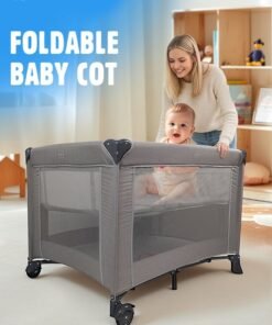 Soft Touch 2 In 1 Baby Crib, Portable Toddler Playard, Foldable Baby Cot Travel Crib, Featuring Breathable Mesh Sides, Nursery Center for Infant with Carry Bag (Grey)