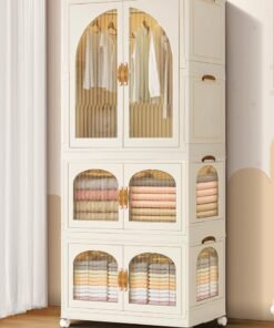 CityRiya-Long Kids Wardrobe Baby Closet Storage Organizer Portable Children Clothes Cabinet Storage Rack Toddler Dresser with Hanging Rod and Wheels for Boys Girls Clothing Nursery Armoire White