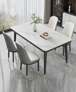 fashionhome Modern Multipurpose Industrial Standard Rectangle Sintered Stone Dining Table and 4 Concave Curve Chair Set for Kitchen Restroom Metal and Marble 120 x 60 x 75 and 40 x 42 x 86 Centimeter
