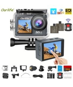 Ourlife Action Camera WiFi 5K30FPS, Dual Screen Sports Camera with 2 Batteries, 50MP Waterproof Camera Underwater 100FT, Vlog Camera 5X Digital Zoom, 170 ° Wide Angle, EIS, Remote Control, Helmet Mount Kits, 32G Card