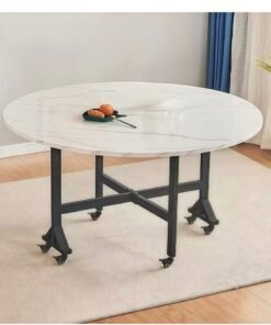 Folding Dining Table, Movable Large Round Table with Wheels, Suitable for Living Rooms, Saving Space