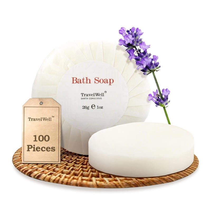 Travelwell Bar Soap Bulk 100 Pack 10 oz Travel Size Soap Bars Individually Wrapped For Hotels and Motels Great for Vacation Rental and Airbnb Toiletries or Hygiene Kits Supplies