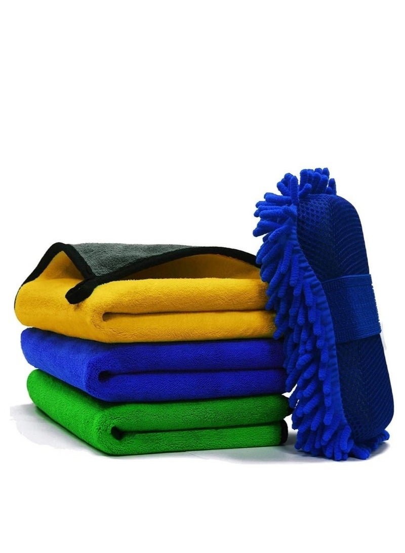 lebonaer Car Towel Microfiber Cleaning Cloth Pack of 3 with Washing Sponge- Multipurpose Towel for Washing Drying Dusting