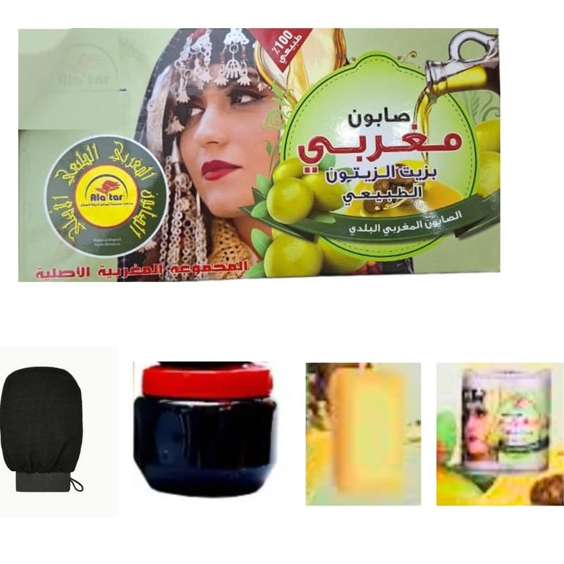 HWC Trading Organic Moroccan Bath Set (4-in-1) – Includes Natural Beldi Soap, Al Taous Soap, Exfoliating Glove & Ghassoul Clay – Deep Cleansing Ritual for Hair & Skin – Hammam Spa Essential (3)