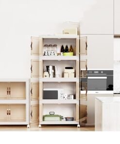 Arabest 4 Layer Kitchen Storage Cabinet 4 Layer Foldable Plastic Storage Box With Wheels And Double Doors Magnetic Suction Storage Cabinet Wardrobe Storage Cabinet 55X35X123CM Extra Large