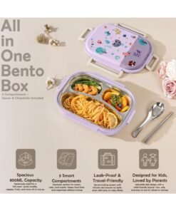 S2C LittleZen Kids Bento Lunch Box – Leak-Proof Compartmented Stainless Steel Lunch Box with Spoon | Microwavable BPA-Free Tray & Anti-Slip Base