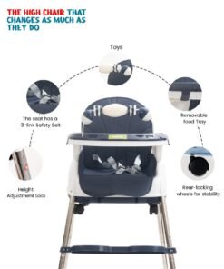 BAYBEE 4 In 1 Nora Convertible High Chair For Kids With Adjustable Height, Footrest, Tray And Safety Belt, 6 Months To 4 Years, Dark Blue - Image 4