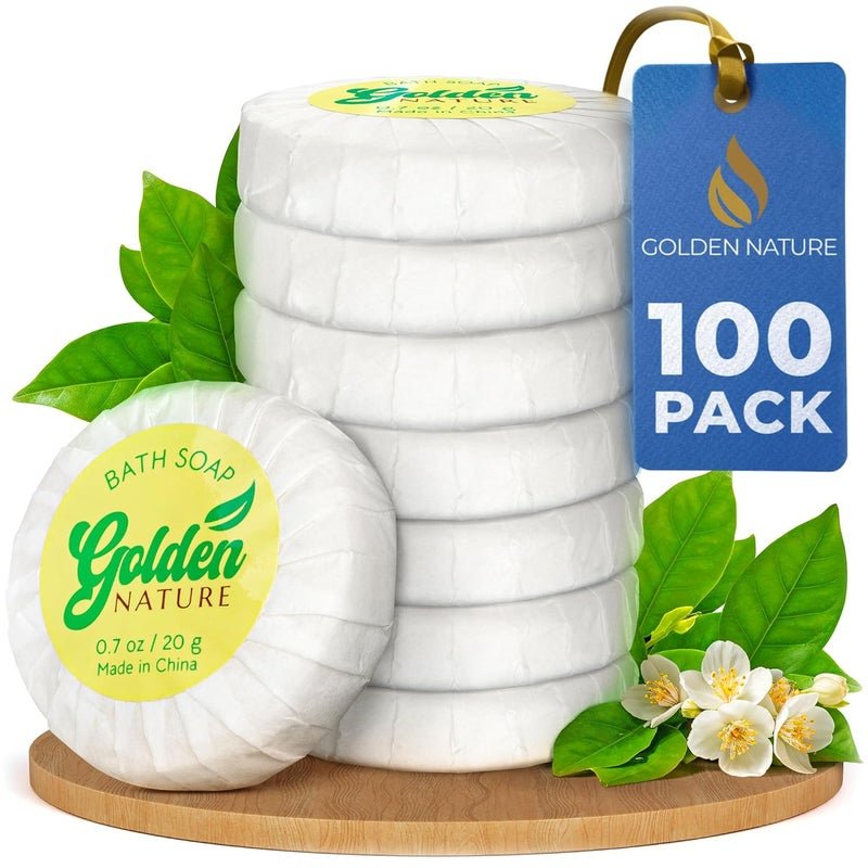 Golden Nature Hotel Soap Bars Jasmine 07 oz 100 PK Travel Size Bulk Amenities Soothing Round Mini Bath Bars Individually Wrapped Small Toiletries for Airbnb Motels Guest Rooms