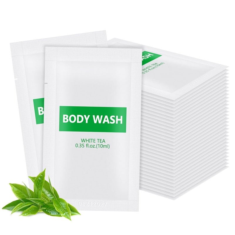 HQSLsund 100 pack Travel Size Body Wash Bulk Individually Wrapped Refreshing Mini Shower Gel Single Use Supplies for Homeless Care Hotel Guests White Tea Scent035 fl oz10ml