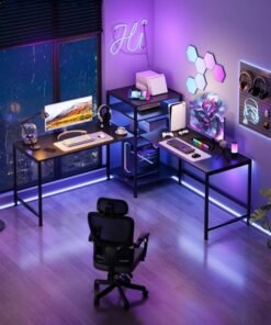 ADEBOLA Gaming Table with Bookshelf,L-shaped Corner Desk Bring 4 Storage Shelves, Used as Computer Table,Study Desk,Home Office Desk and Workstation
