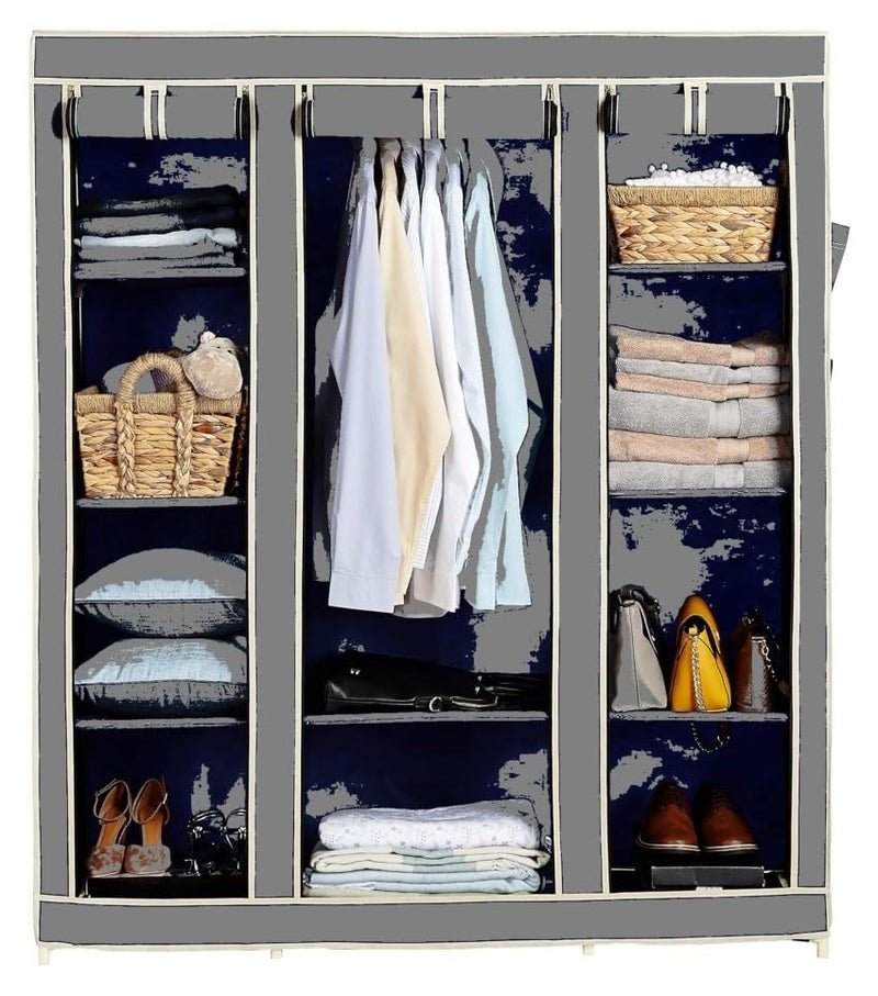 OBBO Plastic 3-Door Foldable Wardrobe 10 Rack Storage Cabinet for Clothes, Shoes & Accessories, Durable & Space-Saving Closet Organizer 162 cm x 44 cm x 138 cm-Grey